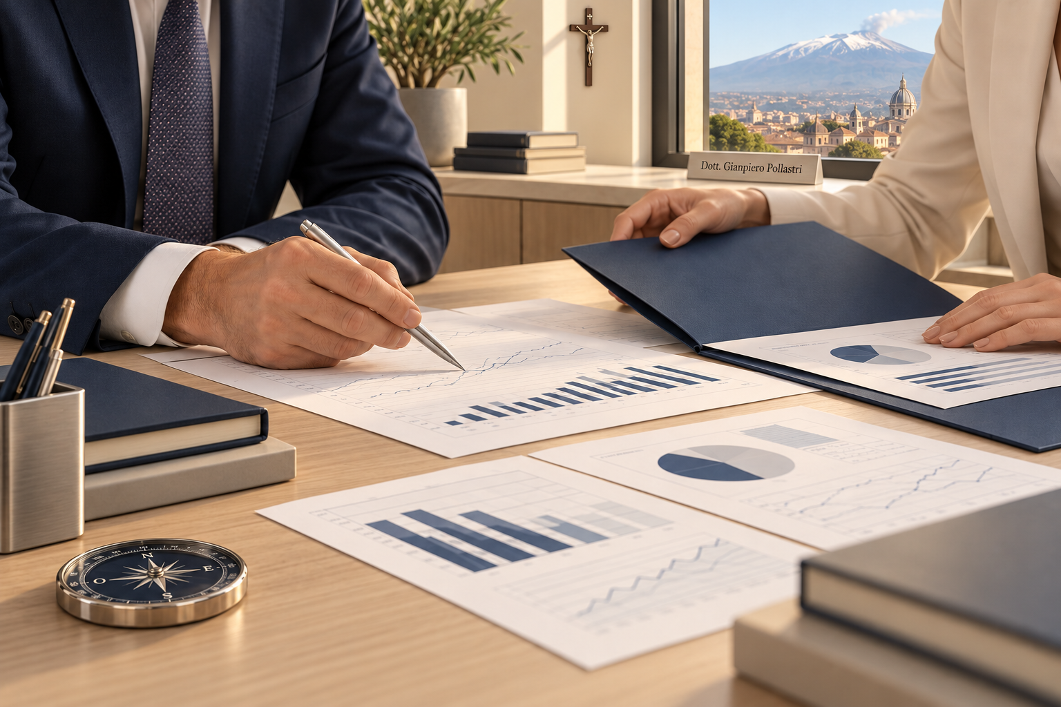Illustrazione di consulenza con documenti, bussola e vista sull’Etna
